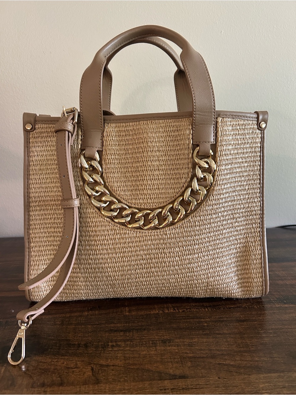 INC Woven Straw Tote with Gold Chain Handle - Taupe Trim